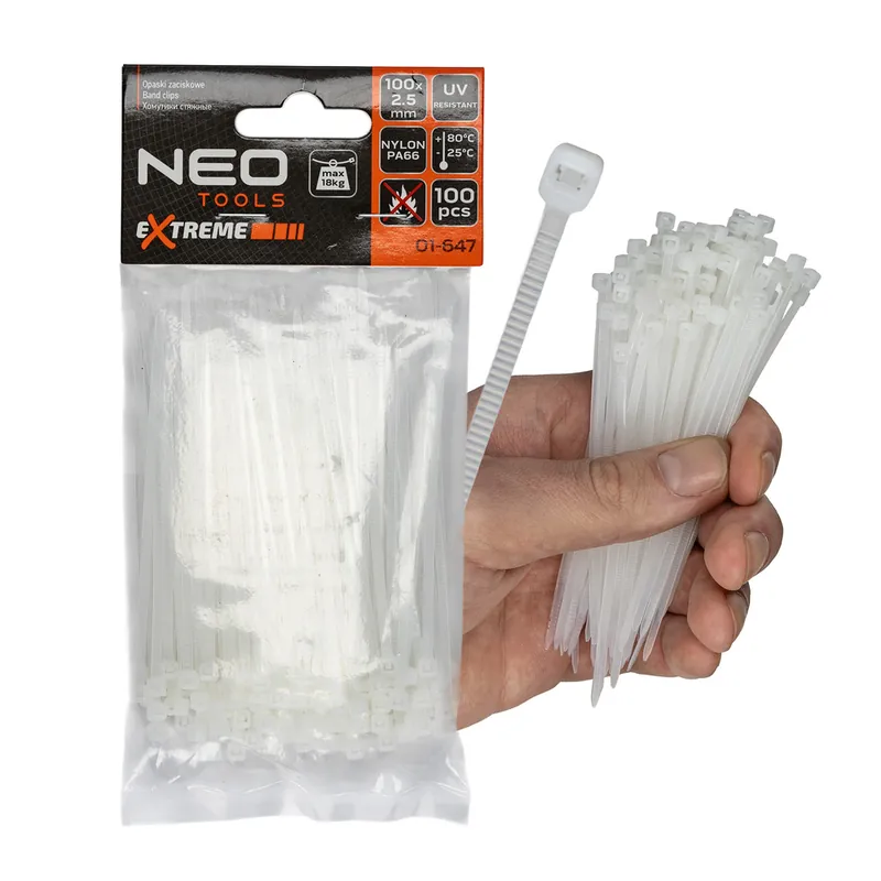 Wysoka jakość Opaski zaciskowe, zipki NEO-Tools Extreme 2.5 x 100 mm, 100 szt., białe